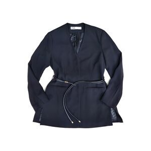 Zara Black Belted Button Blazer Size L Shoulder Pads Dark Gold Metal Accents